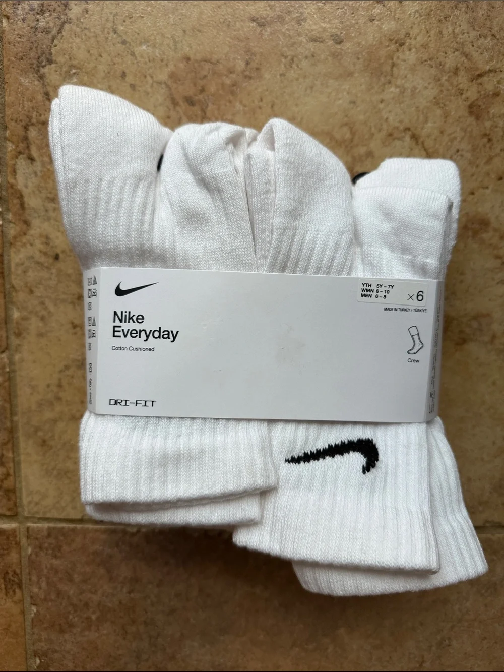 Nike Kids Dri-Fit Crew Socks in White with Black Swoosh (6-Pack)